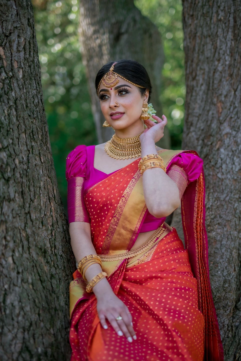 woman in red and blue sari dress